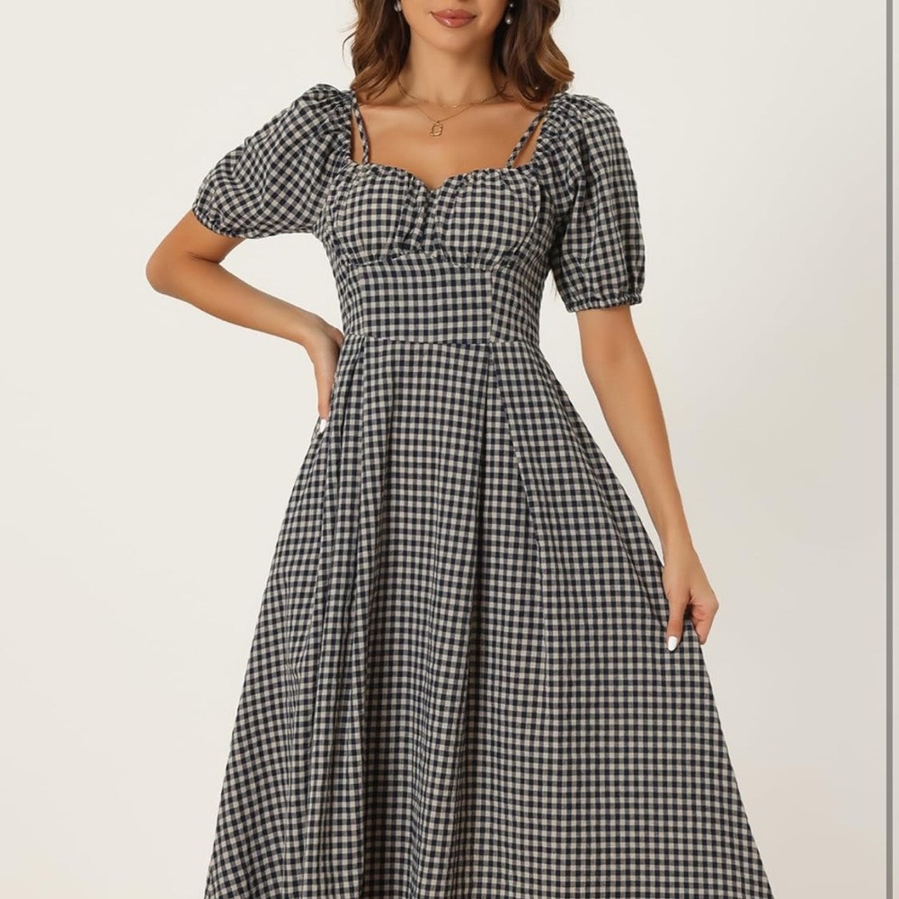 Amazon Essentials dark blue and White Puff Sleeve Midi Dress